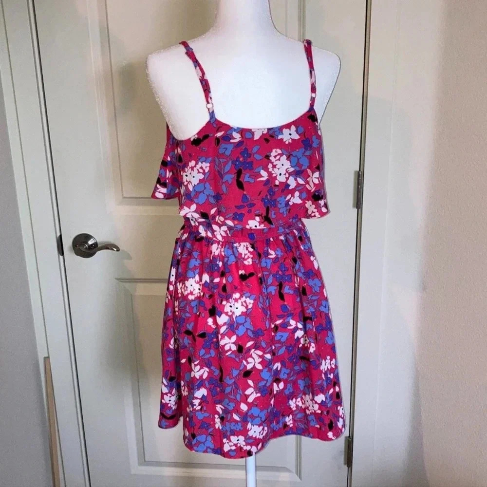 Elle Sundress Large Pink Purple Floral Print Ruffled Cute Casual Dress Summer - Picture 3 of 15